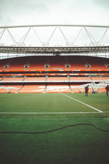 A view from the pitch of Emirates Stadium, showing the green grass field in the foreground with a white boundary line. In the background, a large seating area with orange and brown seats is visible be