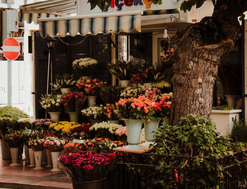 A lively outdoor flower shop exterior featuring an array of vibrant floral arrangements displayed on white and black vases of varying heights. The flowers include pink, red, yellow, white, and purple