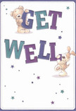 Effusive with playful energy and optimism, this illustrated get well card features a tender bear and an exuberant puppy, their soft forms caught mid-gesture as they offer support and good cheer. Large, vibrant letters-indigo atop and teal below-form the words 'Get Well,' their bold shapes popping against a smooth, creamy background reminiscent of early morning light on Highbury's quiet streets. Sprinkled with whimsical stars in gentle blues and purples, the composition conveys a sense of hope fluttering across North London skies. The bear's fluffy coat and the puppy's velvety ears appear especially inviting, like a warm blanket or a familiar hug. The scene brings to mind the spirit of local well-wishing, as if delivering a thoughtful bouquet to a recovering friend on Highbury Hill. This card, brimming with comfort and joy, promises not only a speedy recovery but also kindness and heartfelt care, in the way only Highbury's florists and neighbours know how to share.